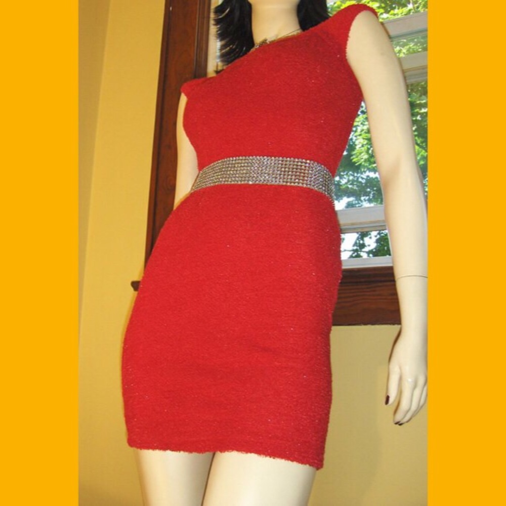 VTG 90s Pinup Red Sparkle BODYCON Wiggle Knit Minidress